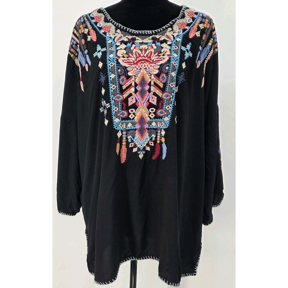 Laura Klein Embroidered Top  XXL Black Boho Southwest Peasant Top Colorful